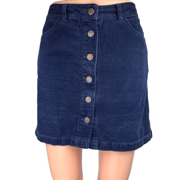 Miss Selfridge Corduroy Button-Front A-Line Skirt in Navy - Picture 2 of 10